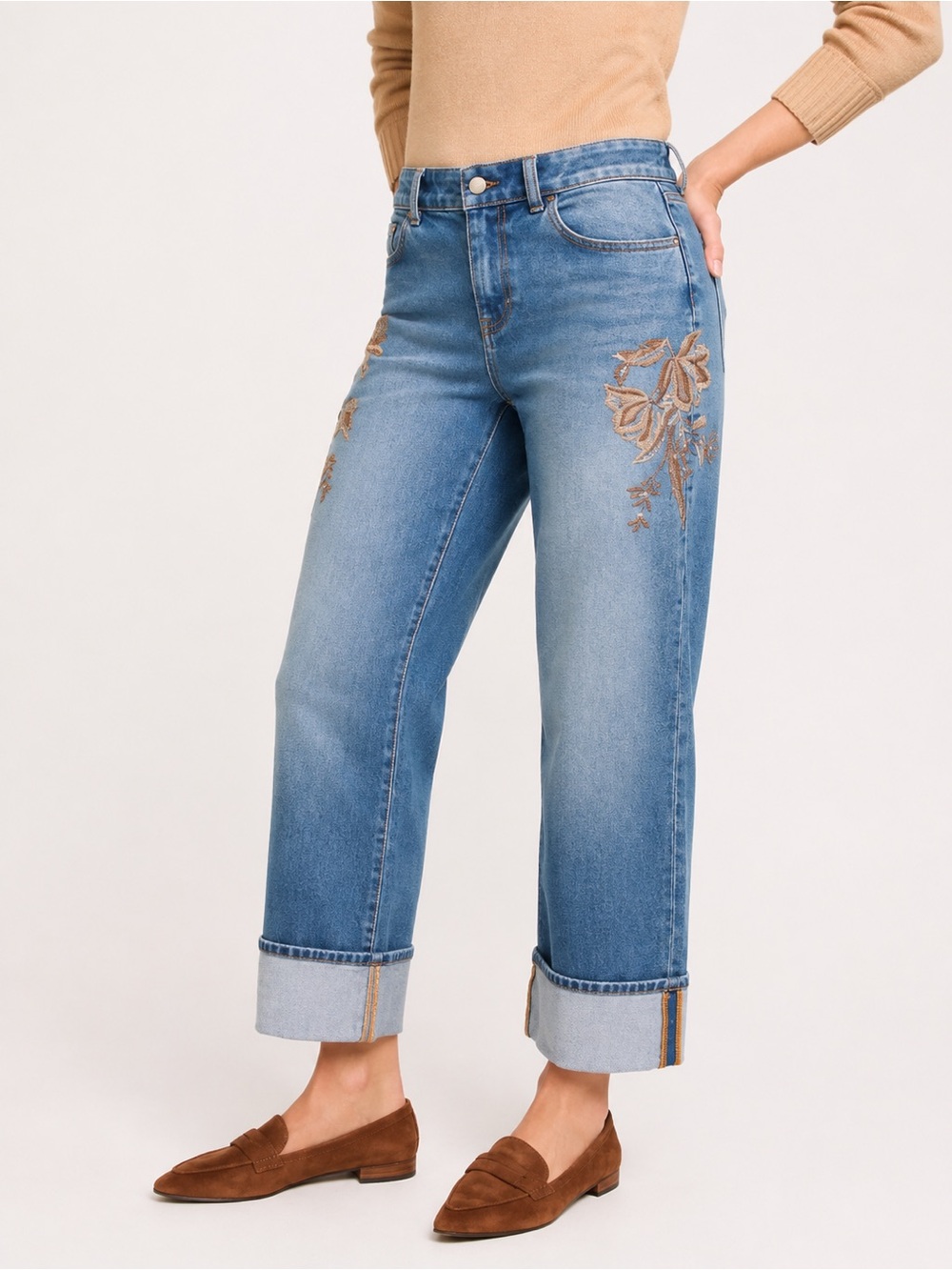 Talbots Embroidered Floral Straight Ankle Cuff Jeans Size 2P Medium Wash